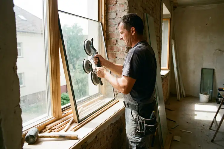 Vakman die een hoogrendementsglas in een bestaand raamkader plaatst met glaszuignappen