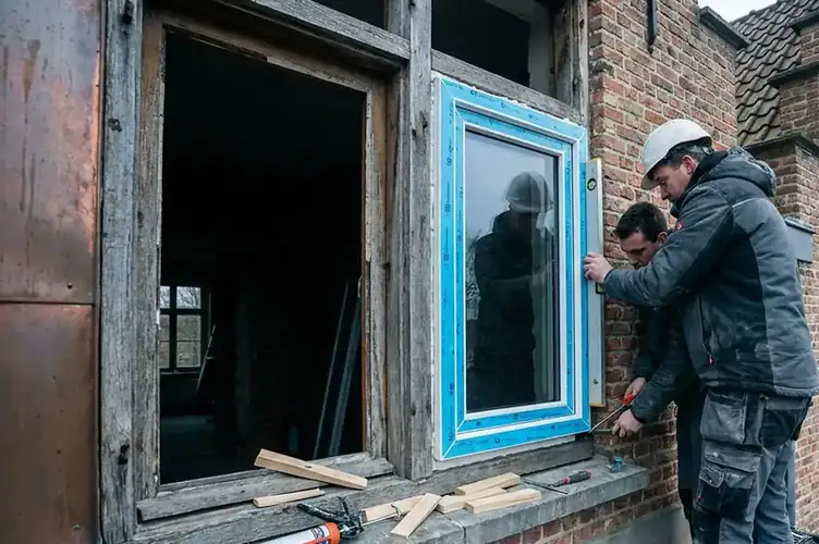 Plaatser die een nieuw renovatieraam in het bestaande kader stelt met stelwiggen en waterpas